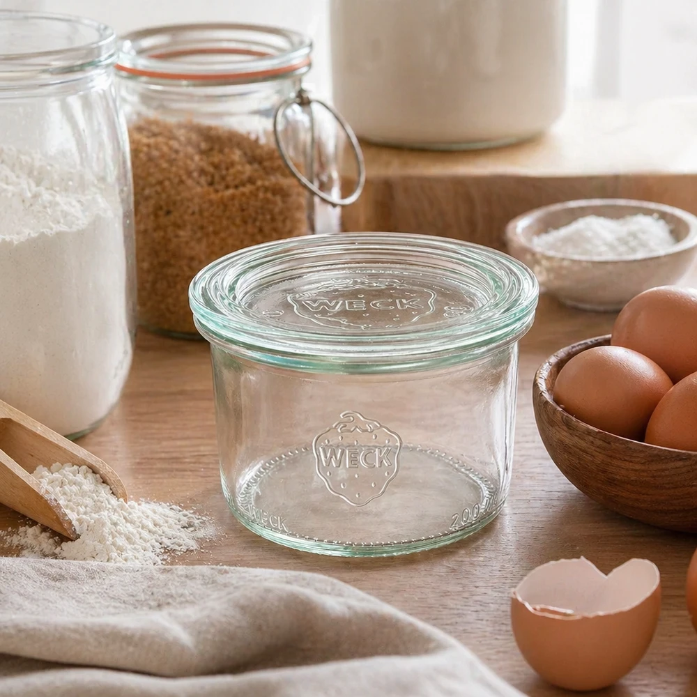 WECK Bocal 200ml RR80 avec couvercle en verre dans la cuisine rustique entre les ingrédients de cuisson, la farine, les œufs et les bocaux à provisions.