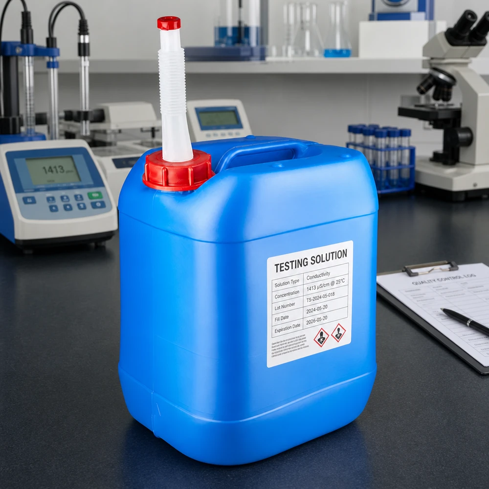 Bidon en PEHD de 20 litres, bleu, avec bec verseur flexible et bouchon de sécurité rouge