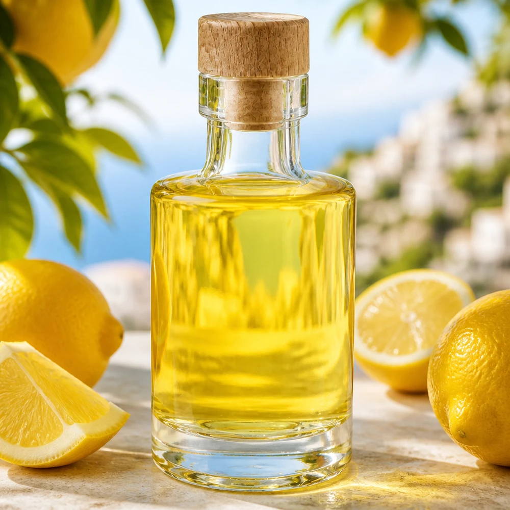 Bouteille en verre Marie de 100 ml avec bouchon en bois remplie d'huile jaune entourée de citrons dans une atmosphère méditerranéenne