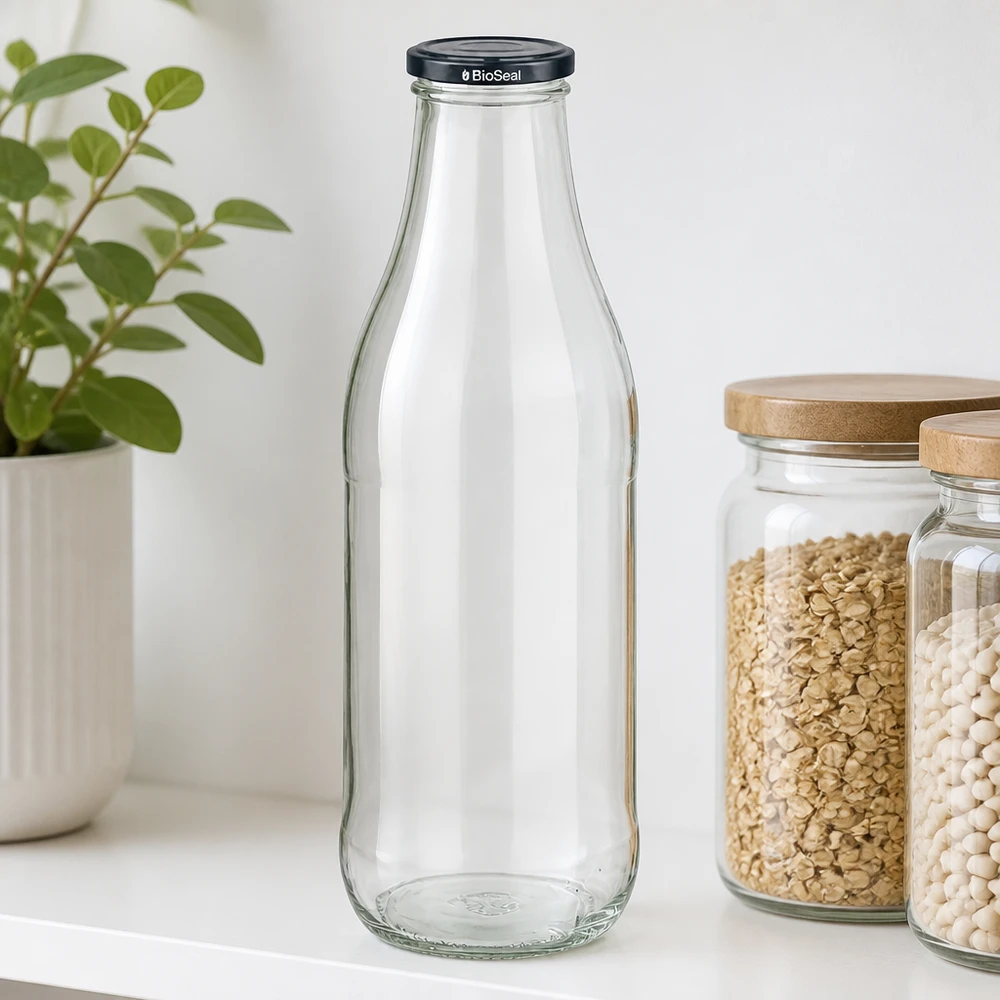 1000ml Bouteille avec couvercle BioSeal noir UNiTWIST Bouteille en verre 1000ml BioSeal couvercle noir Étagère de cuisine Flocons d'avoine Haricots blancs Bocaux de stockage Couvercle en bois Plante