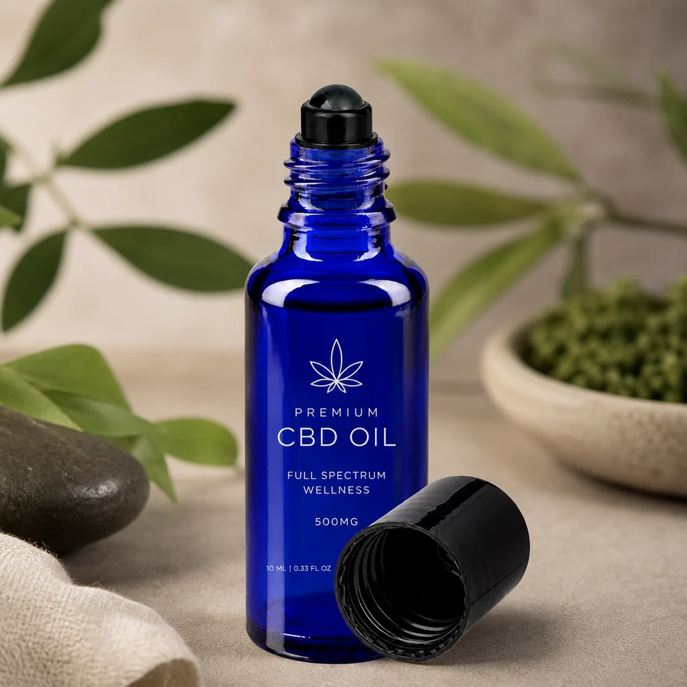 Bouteille en verre bleue avec embout roll-on et bouchon ouvert, sur fond illustrant le bien-être au naturel
