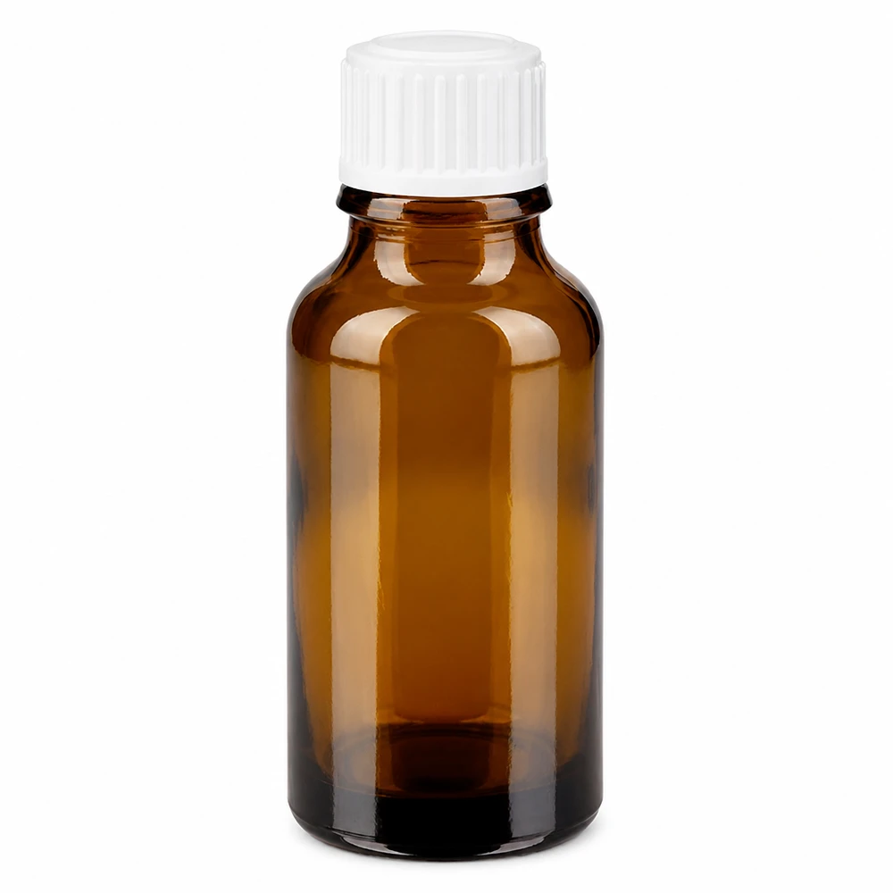 Flacon compte-gouttes en verre brun 20 ml STD avec aide au dosage blanche, ouverture de 0,9 mm, ApoGlas