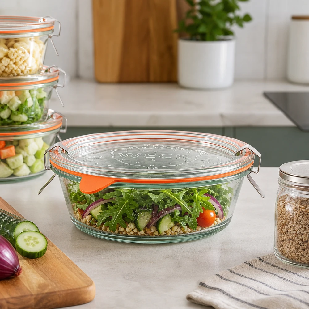 300ml bocal gourmet complet WECK RR120 WECK Pot Gourmet 300ml RR120 rempli de salade fraîche sur le plan de travail de la cuisine, conteneur Meal Prep en verre