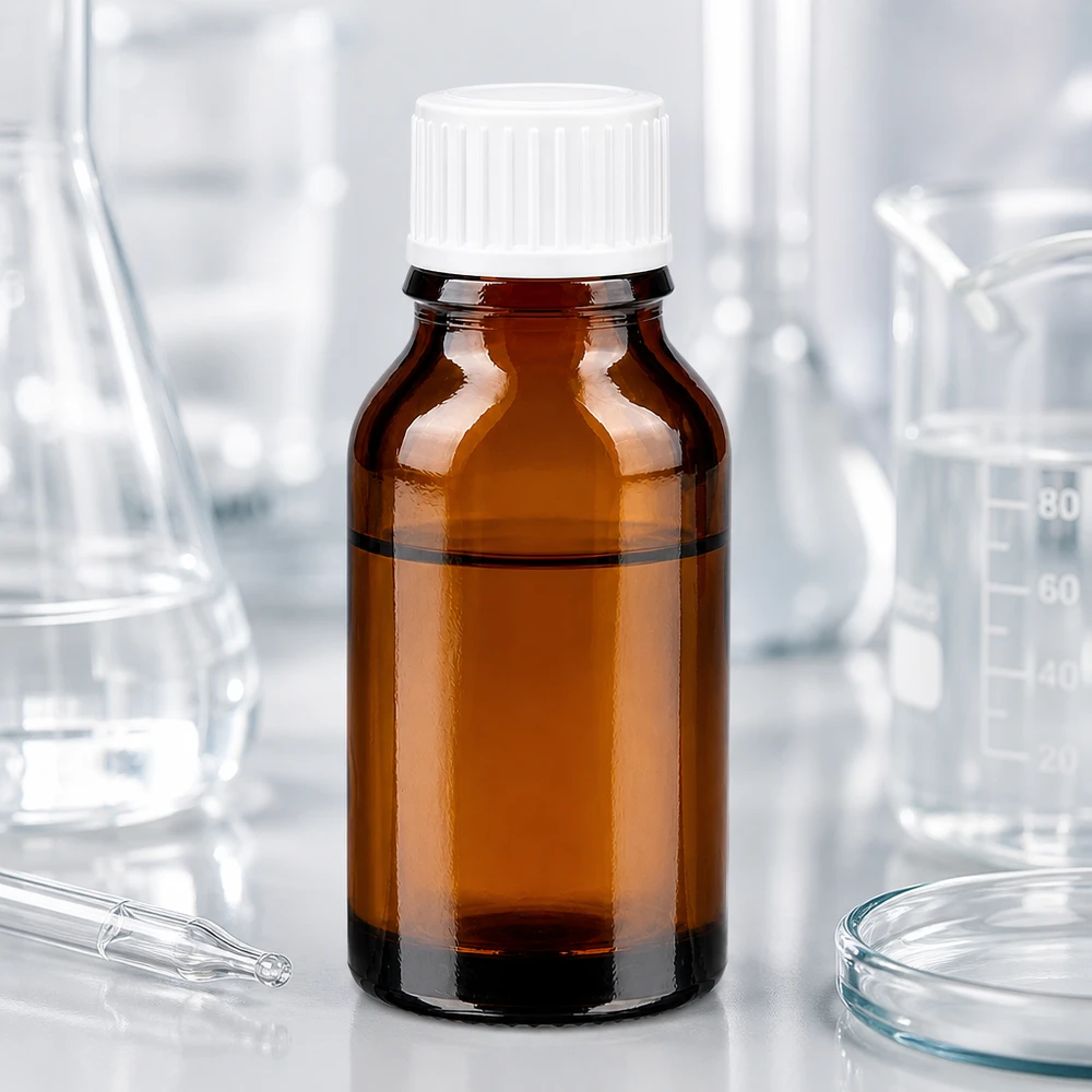 Flacon médical en verre ambré de 15 ml avec bouchon à vis blanc, parmi du matériel de laboratoire