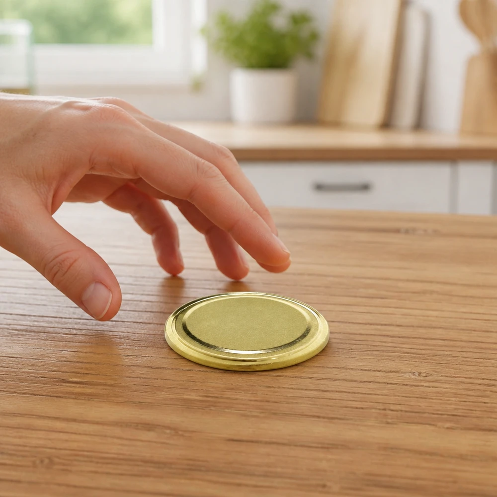 Une main saisit un couvercle BasicSeal TO82 doré de 82 mm, modèle UniTwist, posé sur une table en bois dans la cuisine
