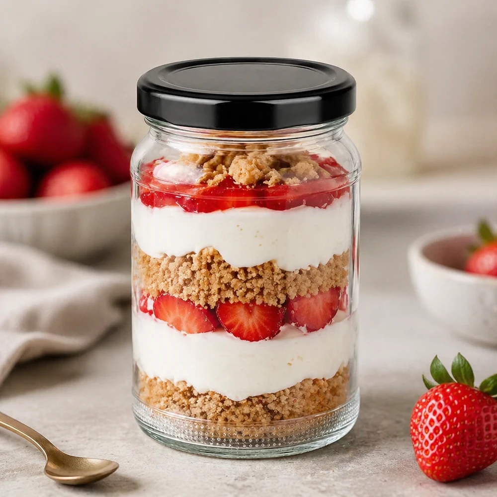 Verre rond 110ml UNiTWIST comme verre à dessert avec stratification de fraise et de crème et couvercle noir TO48 BasicSeal