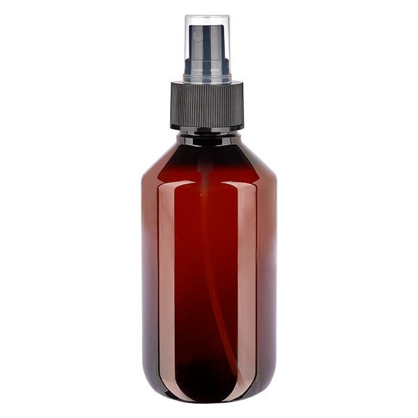 Flacon médical de 200 ml en PET, avec spray noir GCMI 28/410 et capuchon transparent standard