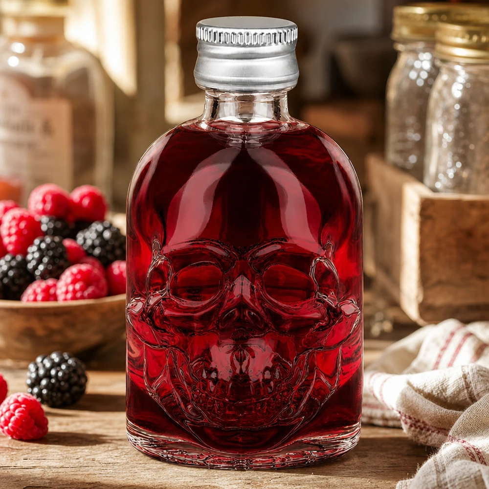 Bouteille en verre Hector de 50 ml remplie de liqueur de baies rouges entre les framboises et les mûres dans une cuisine rustique