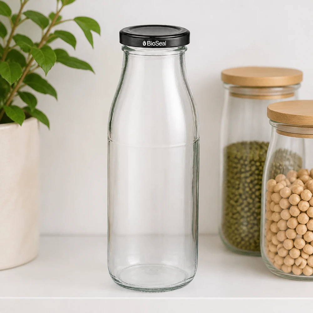 500ml Bouteille avec couvercle BioSeal noir UNiTWIST Bouteille en verre de 500 ml avec couvercle noir BioSeal dans l'environnement de la cuisine, à côté des bocaux de stockage contenant des légumineuses et des plantes.