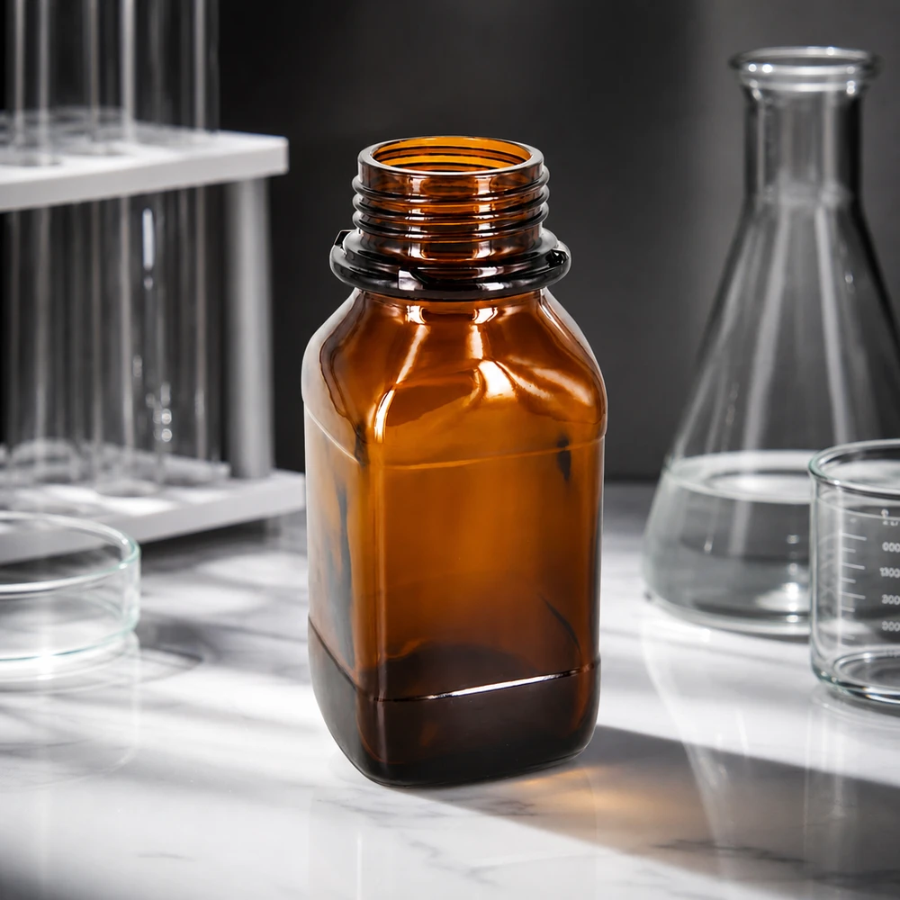 Flacon carré à col large (flacon à produits chimiques) en verre ambré 250 ml, avec goulot de norme DIN 45 (pour bouchon rayé) Bouteille à col large de 250 ml en verre de laboratoire pour le dosage et le prélèvement précis de produits chimiques