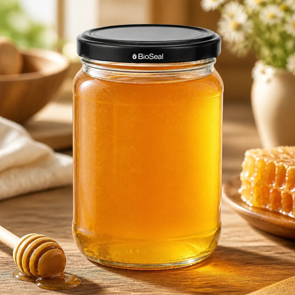 305ml Verre rond avec couvercle BioSeal noir UNiTWIST UNiTWIST Runda305 Pot de conservation rempli de miel avec couvercle noir TO63 BioSeal à côté de la cuillère à miel sur une table en bois