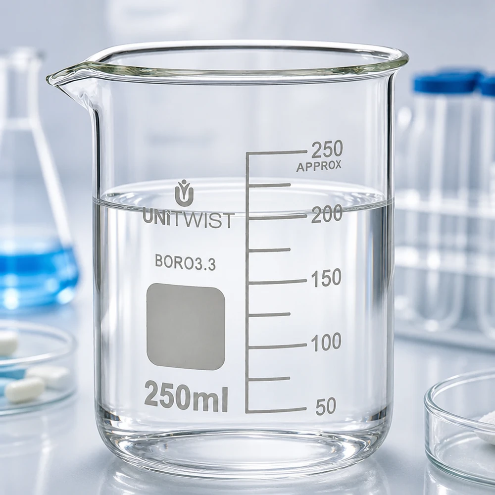 Bécher 250ml borosilicate, forme basse UNiTWIST Bécher gradué de 250 ml en verre borosilicaté, de forme basse, avec une échelle graduée de 50 à 250 ml