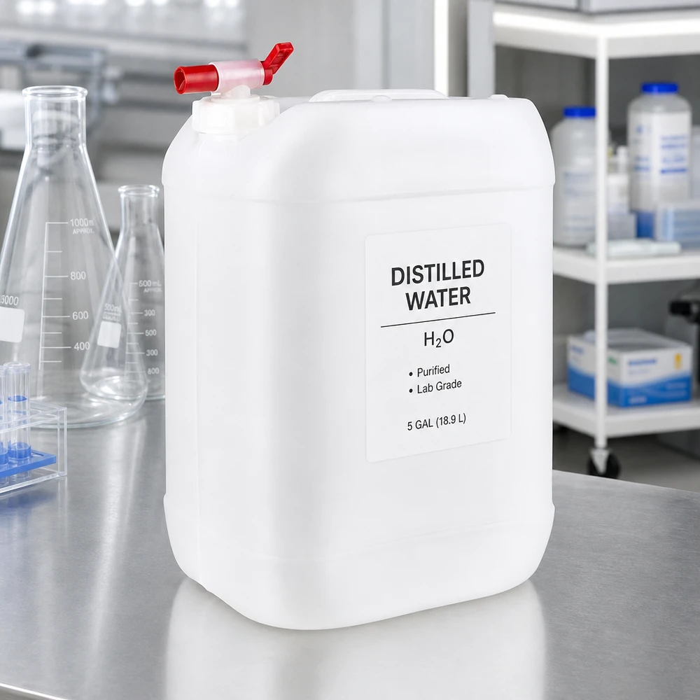 Bidon rectangulaire en plastique de 25 litres muni d'un robinet de vidange rouge, avec des flacons de laboratoire en arrière-plan