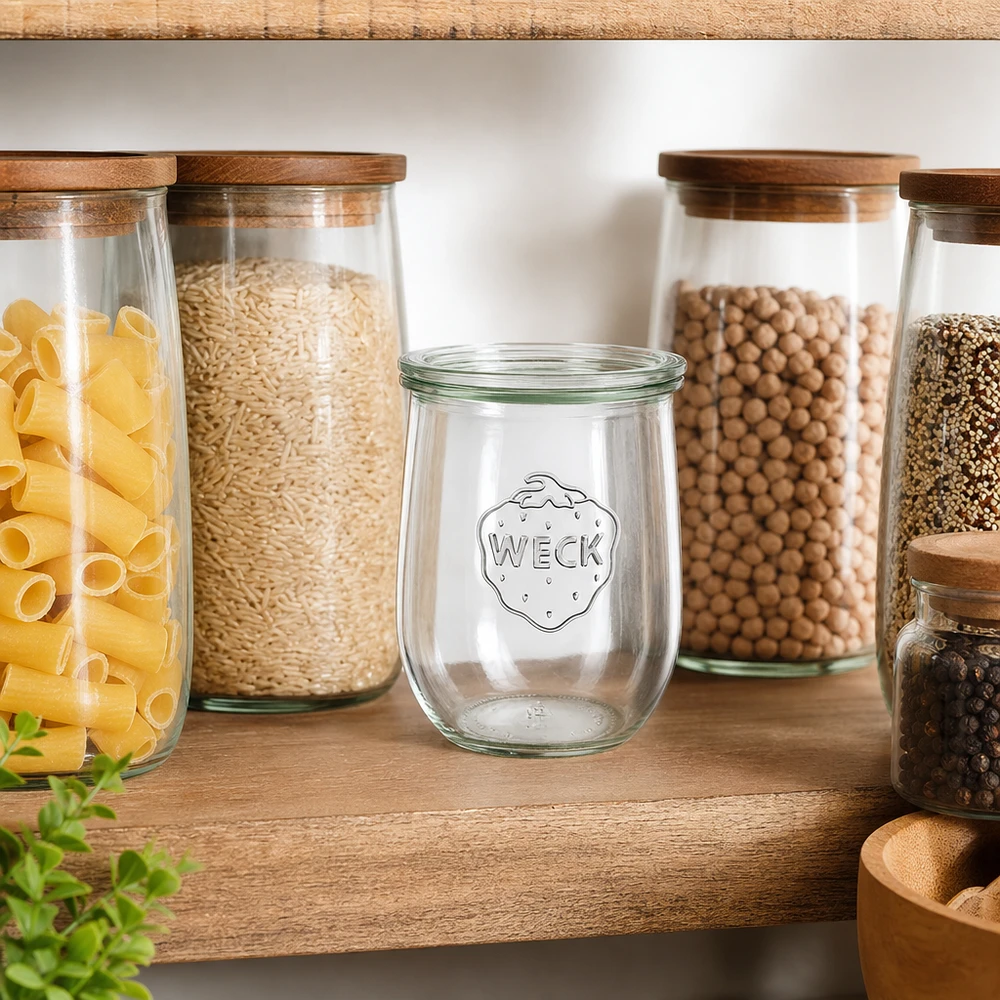 1062ml bocal tulipe avec bouchon en verre WECK RR100 WECK Bocal tulipe 1062ml Organisation des provisions Armoire de cuisine Pantry rempli de pâtes Riz Légumineuses Étagère en bois
