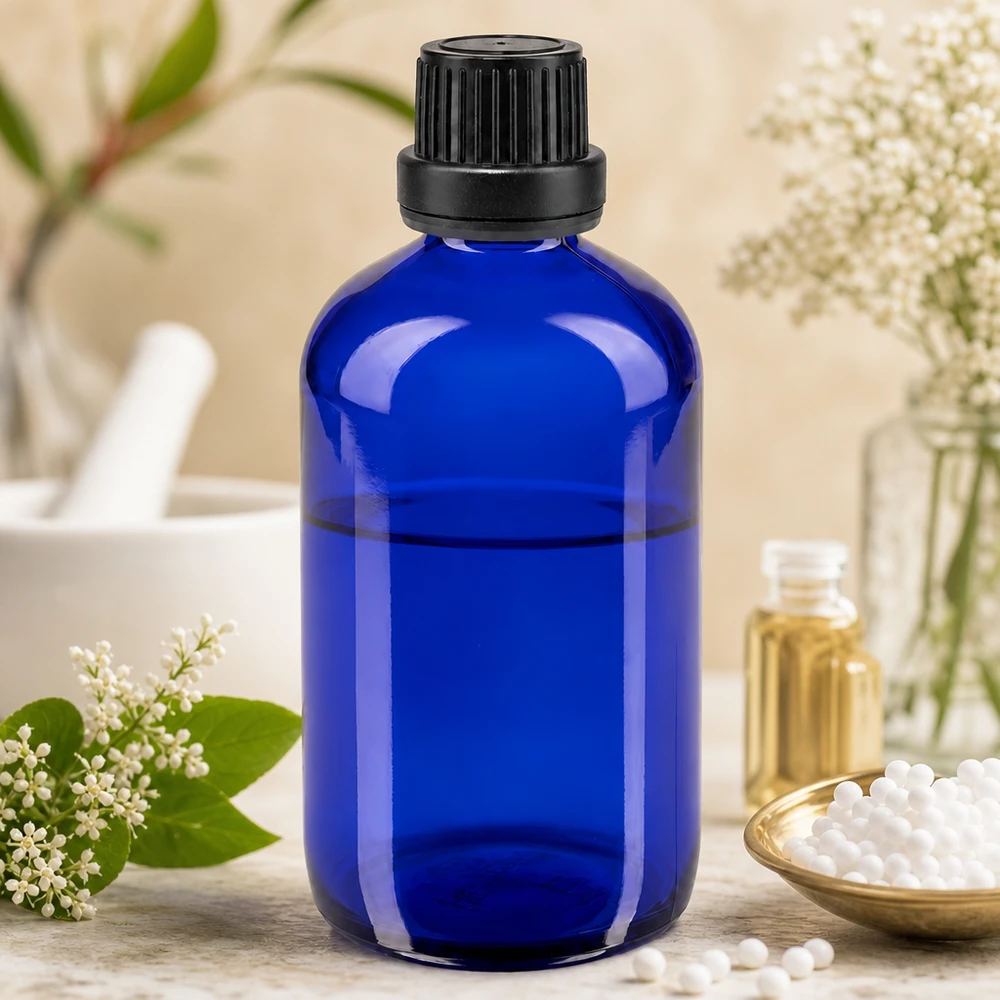 Flacon de pharmacie bleu 100ml bouchon vissable noir bouchon inviolabilité Flacon de pharmacie bleu cobalt de 100 ml avec bouchon d'inviolabilité, à côté de granules homéopathiques