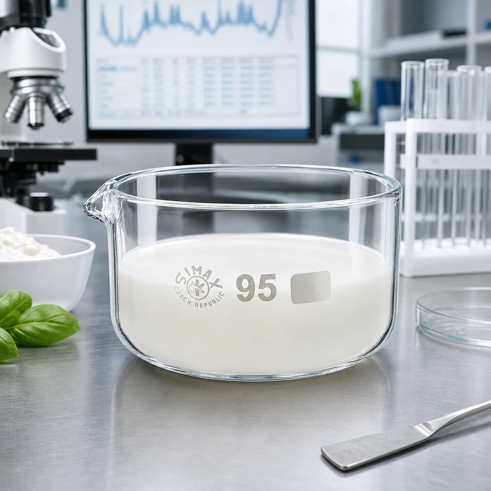 Coupelle de cristallisation 300 ml avec bec verseur Coupelle plate avec bec verseur, d'un diamètre de 95 mm, destinée à l'analyse alimentaire et remplie d'un produit laitier