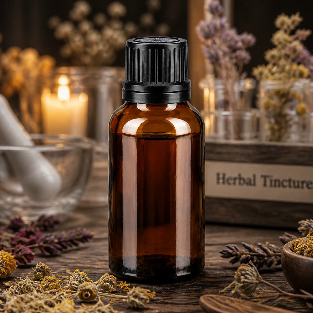 Flacon à usage pharmaceutique bleu 20ml bouchon d'inviolabilité noir 1mm Petite bouteille en verre brun de 20 ml avec bouchon d'inviolabilité, posée entre des herbes séchées et un livre sur les teintures