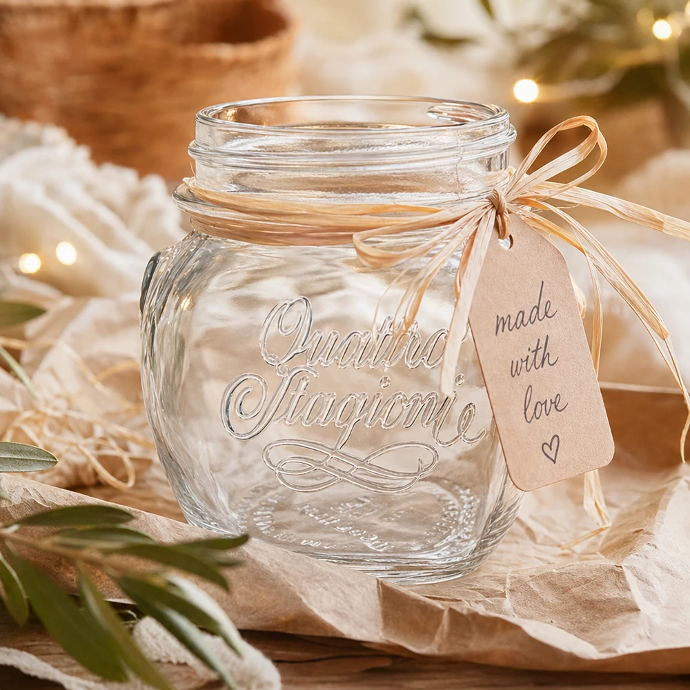 300ml Quattro Stagioni Verre de ménage avec couvercle et noeud comme emballage cadeau sur table en bois
