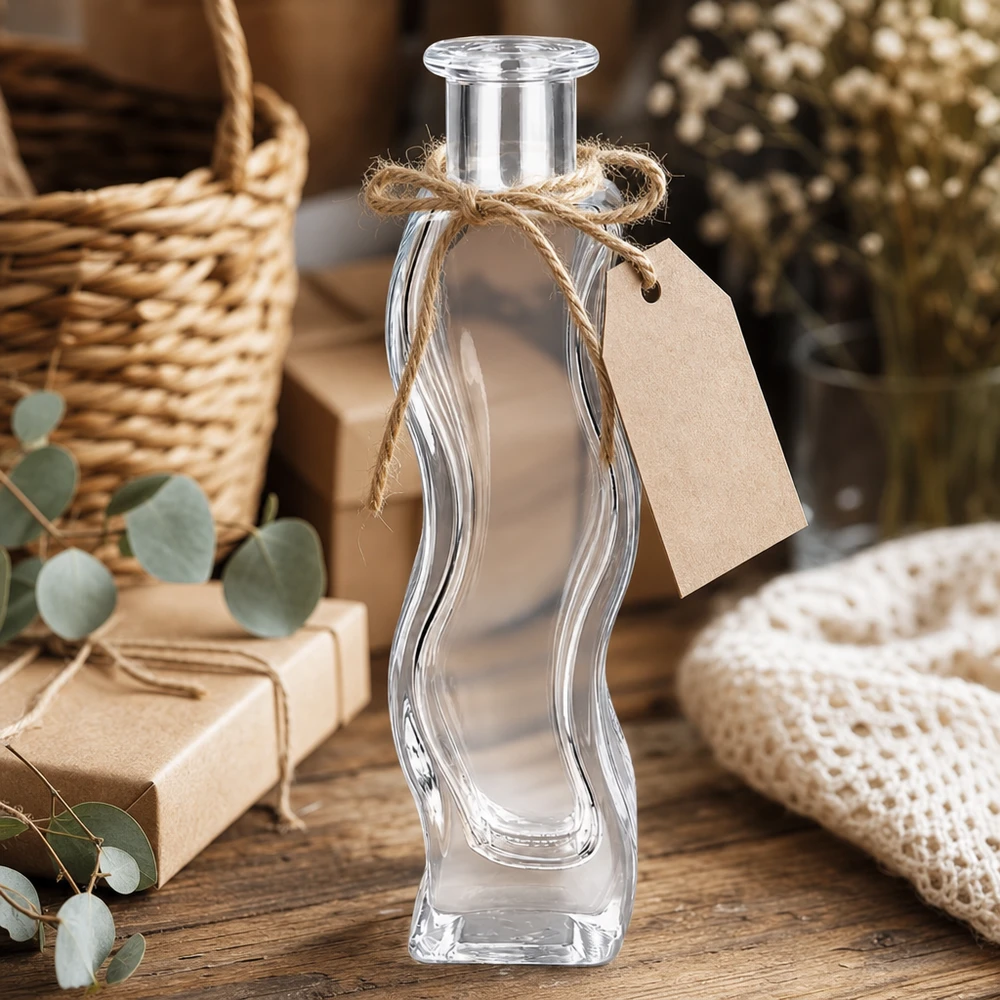 Bouteille en verre Melissa 100ml avec pendentif en papier kraft et corde de jute décorée dans une ambiance rustique avec de l'eucalyptus