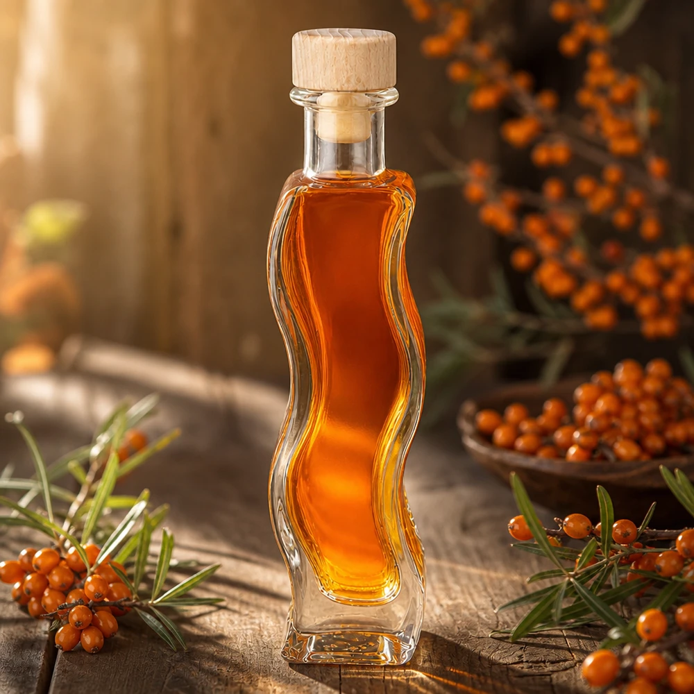 Flacon en verre « Melissa » 100 ml avec bouchon en bois UNiTWIST® Bouteille en verre Melissa 100ml remplie d'huile d'argousier entre des branches d'argousier décoration naturelle Bouchon en bois