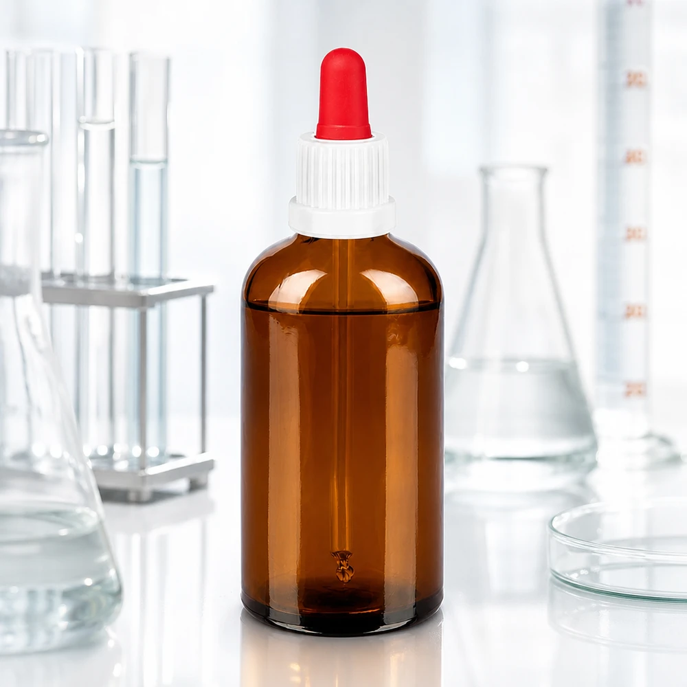 Flacon à pipette 100ml blanc/rouge OV BrownLine UT18/100 Bouteille doseuse professionnelle de 100 ml BrownLine avec protection UV grâce à un verre teinté