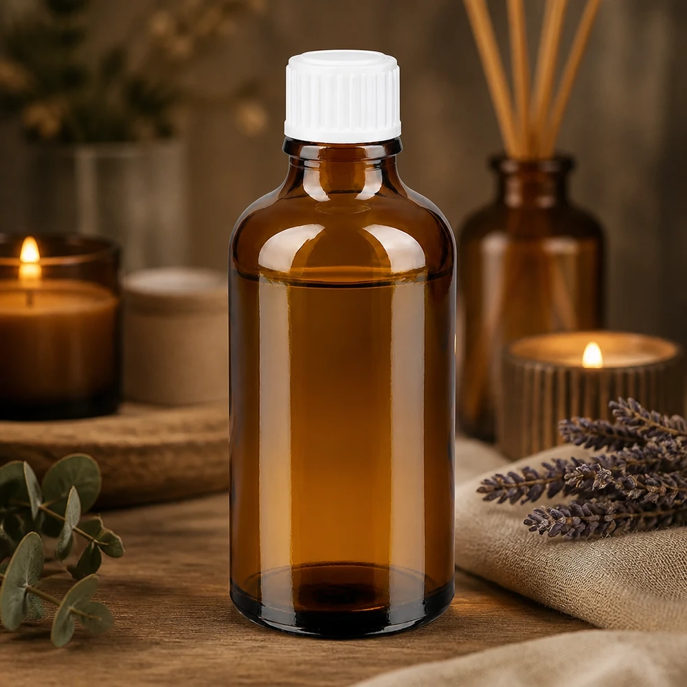 Flacon de pharmacie brun 50ml bouchon à vis blanc Flacon en verre de 50 ml de couleur ambre, muni d'un bouchon à vis, posé sur une surface en bois à côté de la lavande et de bougies