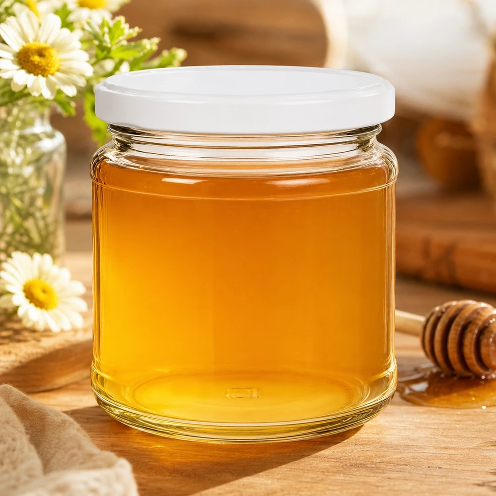 212ml Verre rond avec couvercle BasicSeal blanc UNiTWIST Pot rond de 212 ml avec couvercle BasicSeal rempli de miel doré à côté de cuillères à miel et de fleurs sur fond en bois