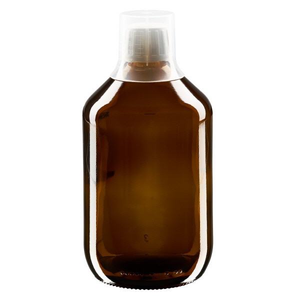 Flacon médical norme européenne de 500 ml, avec bouchon à vis blanc et gobelet doseur de 30 ml Flacon médical norme européenne de 500 ml, avec bouchon à vis blanc et gobelet doseur de 30 ml