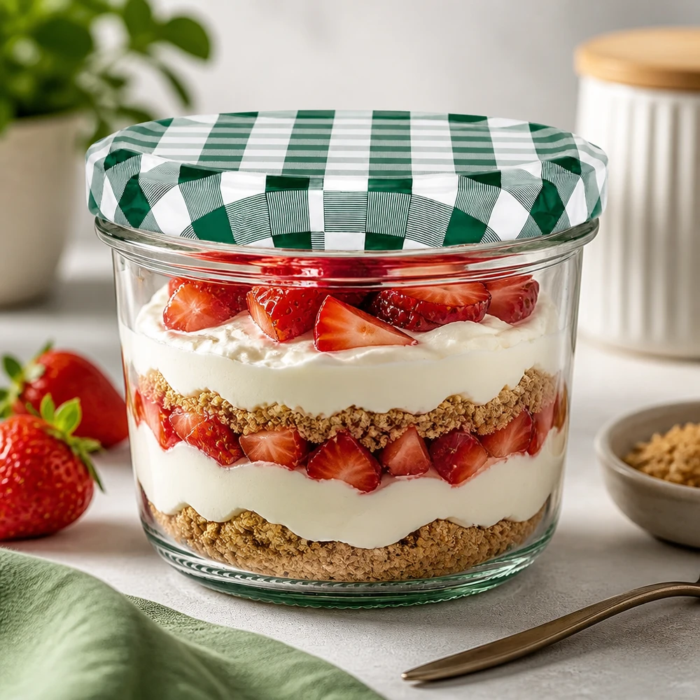 230ml Verre conique avec couvercle BasicSeal vert/blanc UNiTWIST Verre renversé 230ml Verre à dessert Trifle à la fraise Dessert stratifié BasicSeal Couvercle vert et blanc à carreaux Dessert Cuisine