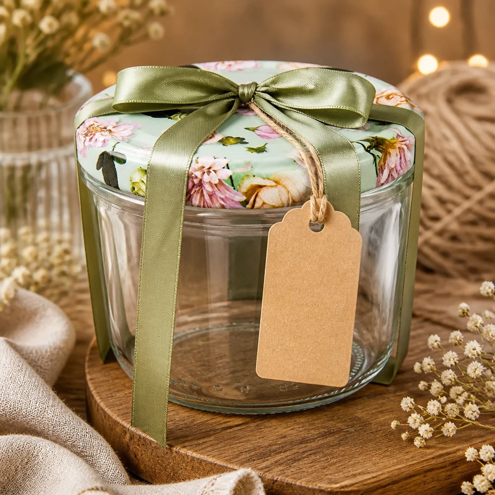 Verres de 230 ml + couvercle BasicSeal fleur menthe UNiTWIST Pot de 230 ml décoré d'un ruban vert et d'un pendentif, parfait pour les confitures faites maison.
