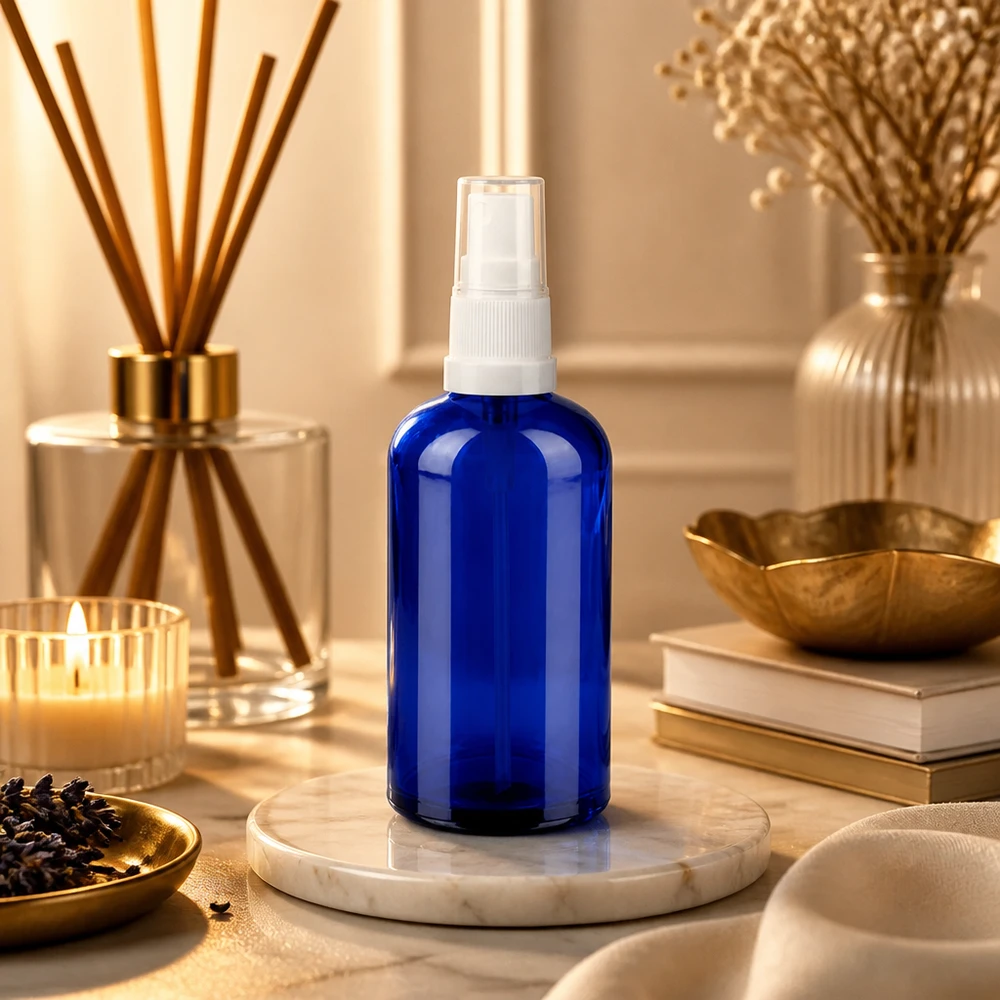 100ml spray blanc/tr. STD BlueLine UT18/100 Bouteille en verre de 100 ml avec pompe de vaporisation d'une élégante couleur bleue pour les produits cosmétiques de haute qualité