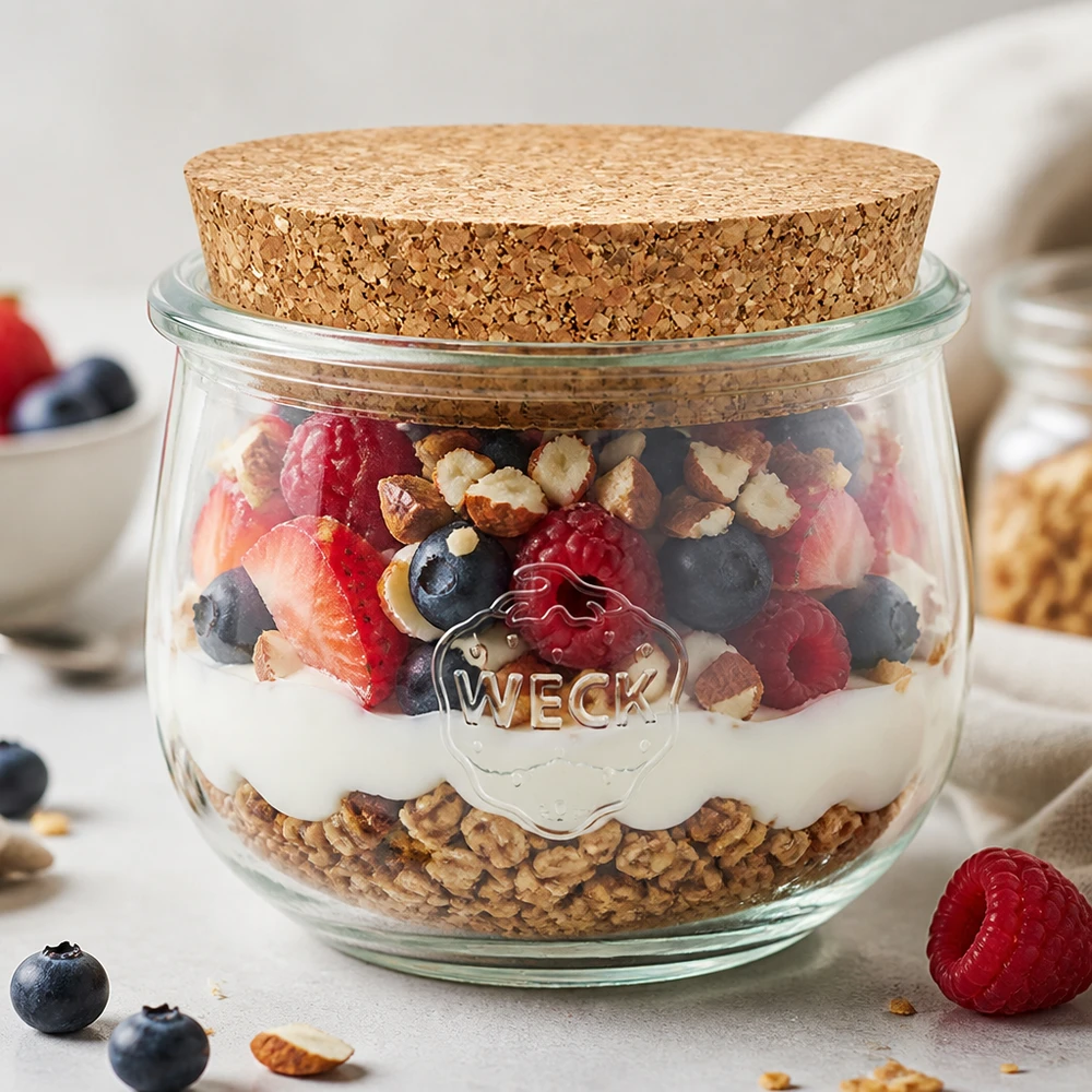 WECK Pot tulipe 580ml avec couvercle en liège comme pot à céréales rempli de yaourt, de baies et de noix Petit déjeuner en pot
