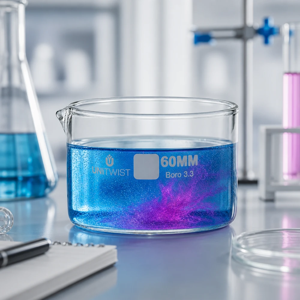 Coupelle en verre basse Boro 3.3 UNiTWIST 60 mm contenant une solution chimique, à côté d'un ballon d'Erlenmeyer