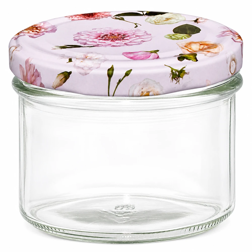 Pot en verre de 225 ml + couvercle BasicSeal rose UN... 225ml pot renversé avec couvercle BasicSeal à fleurs roses - pot vide pour confiture et conserves