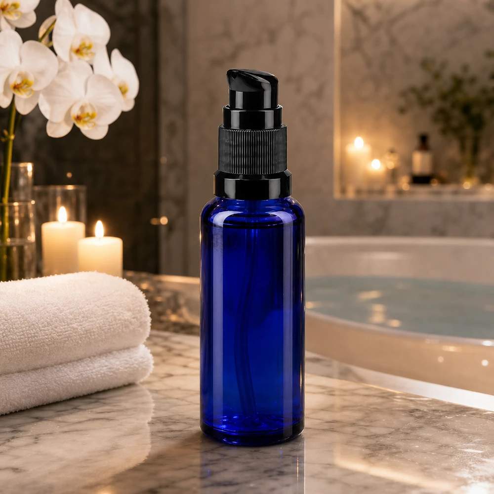 Flacon de pharmacie bleu 30ml bouchon pompe noir Std Flacon en verre bleu de 30 ml muni d'une pompe noire, posé sur du marbre à côté de bougies et d'orchidées