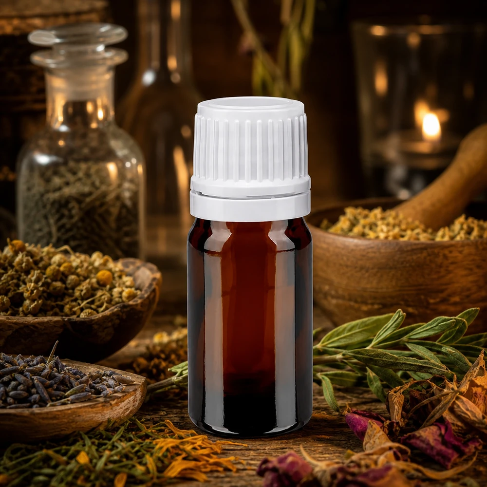Flacon de pharmacie brun 5ml bouchon vissable blanc bouchon d'inviolabilité Flacon en verre ambré de 5 ml, bouchon OV blanc de 11 mm, entouré de camomille, de lavande et de romarin sur du bois