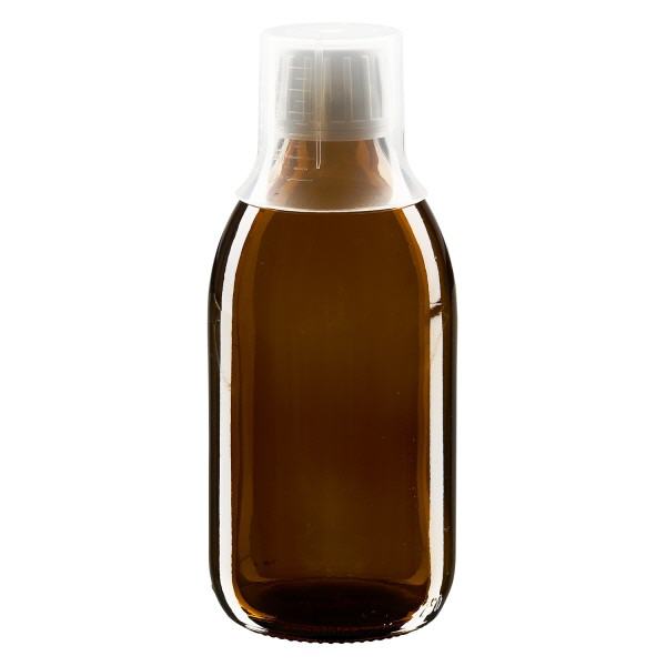 Flacon médical norme européenne de 250 ml, avec bouchon à vis blanc et gobelet doseur de 30 ml Flacon médical norme européenne de 250 ml, avec bouchon à vis blanc et gobelet doseur de 30 ml