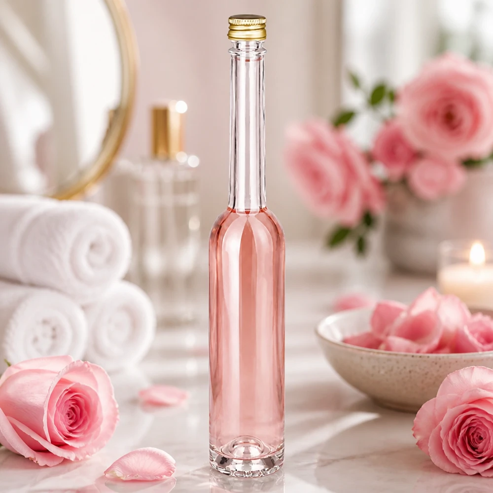 Bouteille en verre 100 ml « Toni » et bouchon à vis argenté UNiTWIST® Flacon en verre Toni de 100ml avec liquide rose dans une ambiance spa - bouchon en or UNiTWIST entre les roses