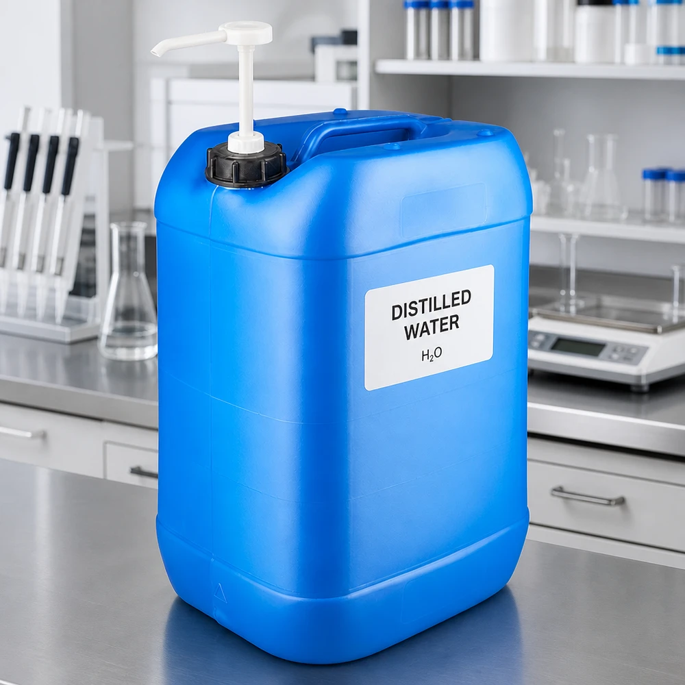 Bidon rectangulaire bleu de 25 litres avec pompe intégrée, destiné à un usage professionnel en laboratoire