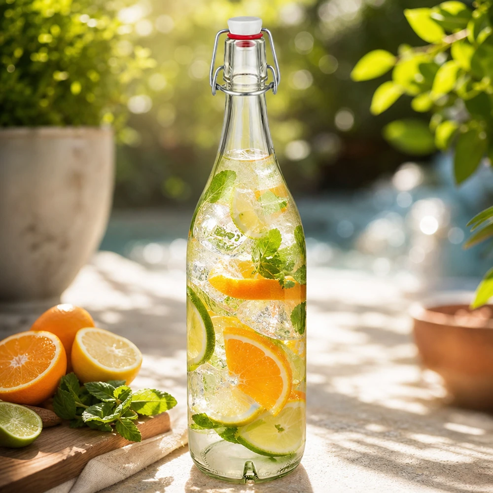 Bouteille en verre de 1000 ml + bouchon mécanique en porcelaine UN.. Bouteille en verre de 1000 ml avec bouchon à étrier remplie de punch aux agrumes orange citron vert menthe sur une terrasse ensoleillée