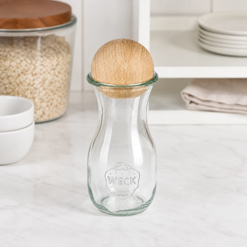 290ml Bouteille à jus de fruits WECK RR60 avec boule en bois en hêtre WECK Bouteille en verre 290ml RR60 avec boule en bois de hêtre dans une cuisine blanche à côté de bocaux à provisions et d'une pile de vaisselle