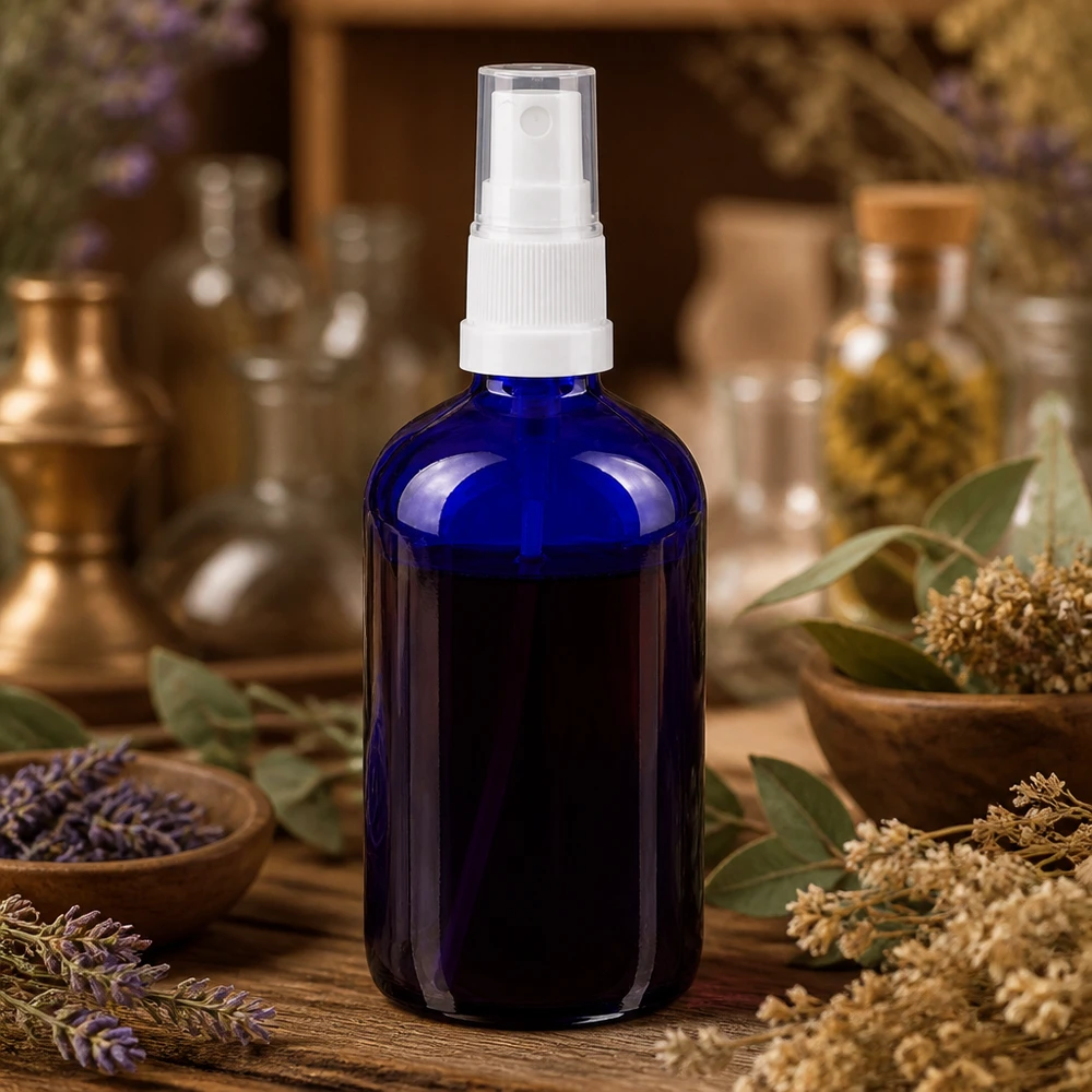 Flacon pulvérisateur bleu foncé de 100 ml, en verre de pharmacie standard, avec bouchon transparent et vaporisateur