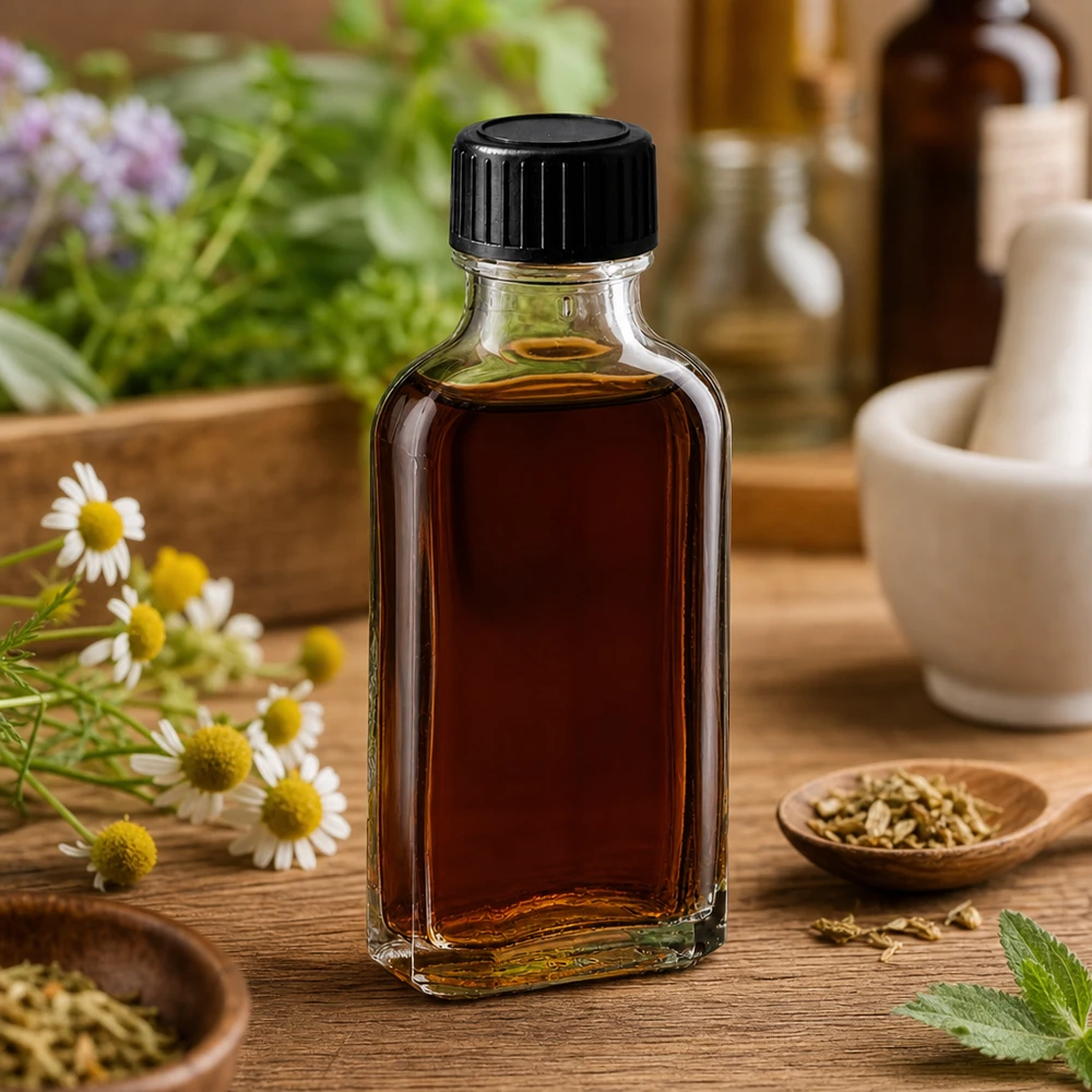 Flacon transparent Meplat de 50 ml avec bouchon noir, entre des fleurs de camomille et des herbes aromatiques