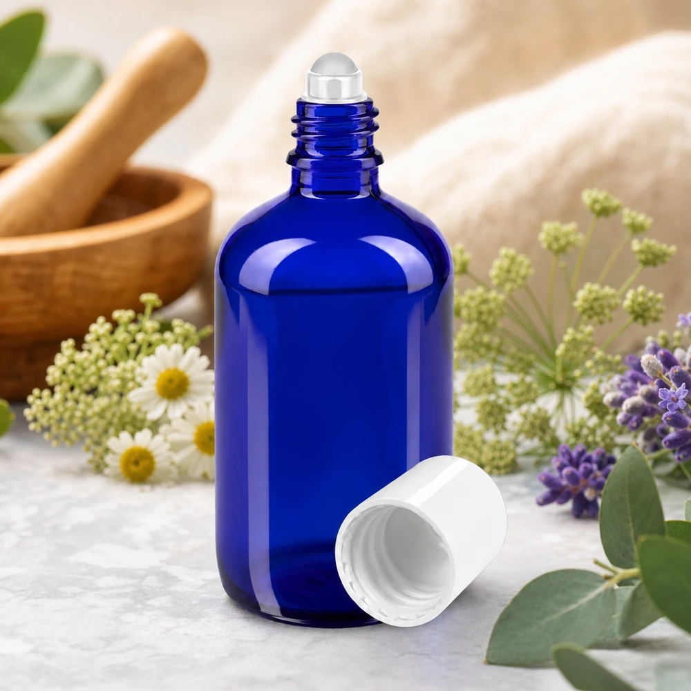 Flacon roll-on bleu de 100 ml, aux senteurs de lavande, de camomille et d'eucalyptus, pour l'aromathérapie