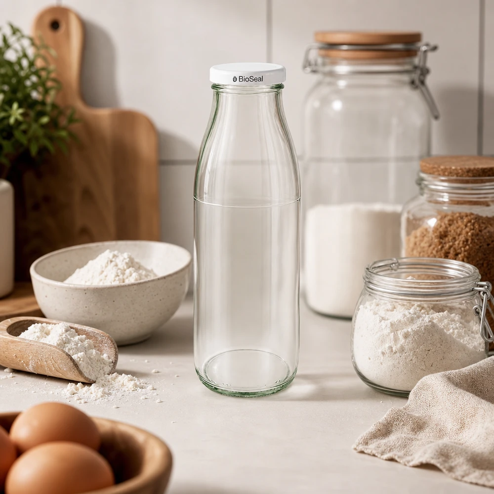 500ml Bouteille avec couvercle BioSeal blanc UNiTWIST 500ml Glasflasche mit weißem BioSeal Deckel in skandinavischer Küche zwischen Mehl, Eiern und Vorratsgläsern