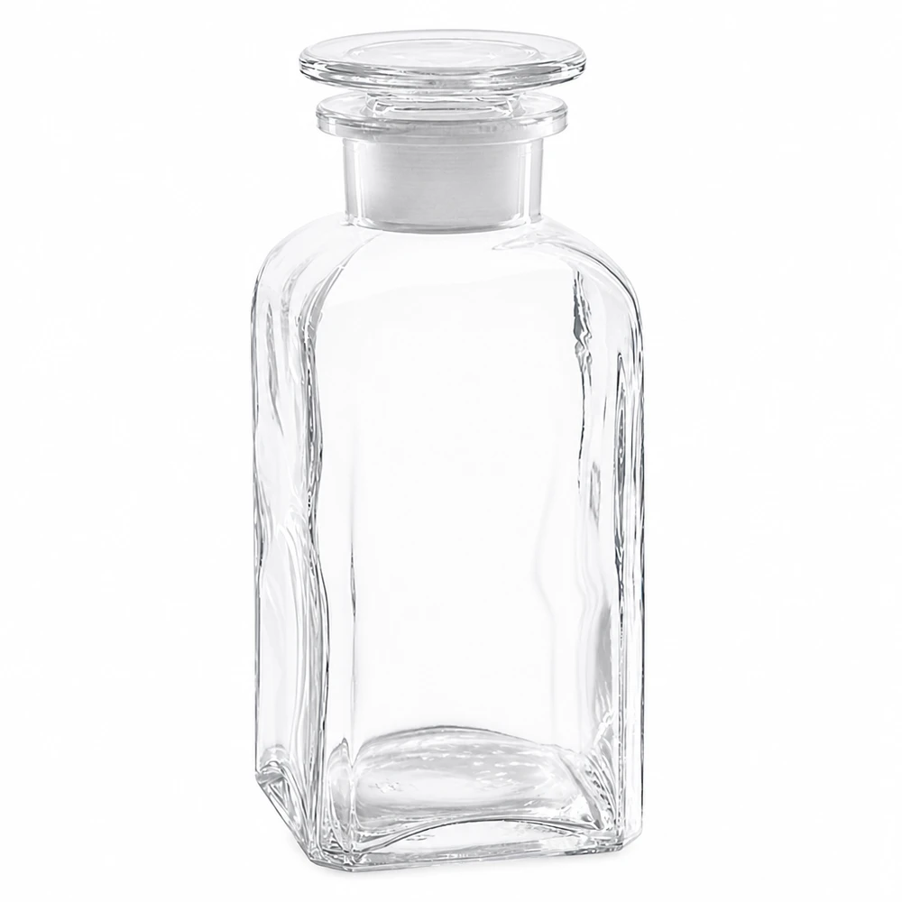 Flacon carré col large 350 ml + bouchon RIN, verre clair Flacon de pharmacie de 350 ml, carré, transparent, avec bouchon en verre, pour le laboratoire et la maison
