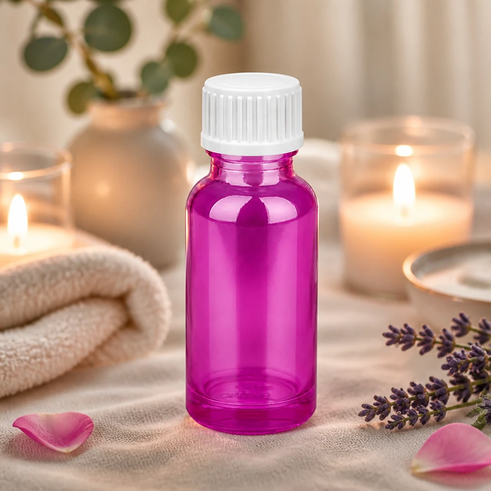 Flacon professionnel en verre violet de 20 ml avec protection UV pour les substances sensibles à la lumière