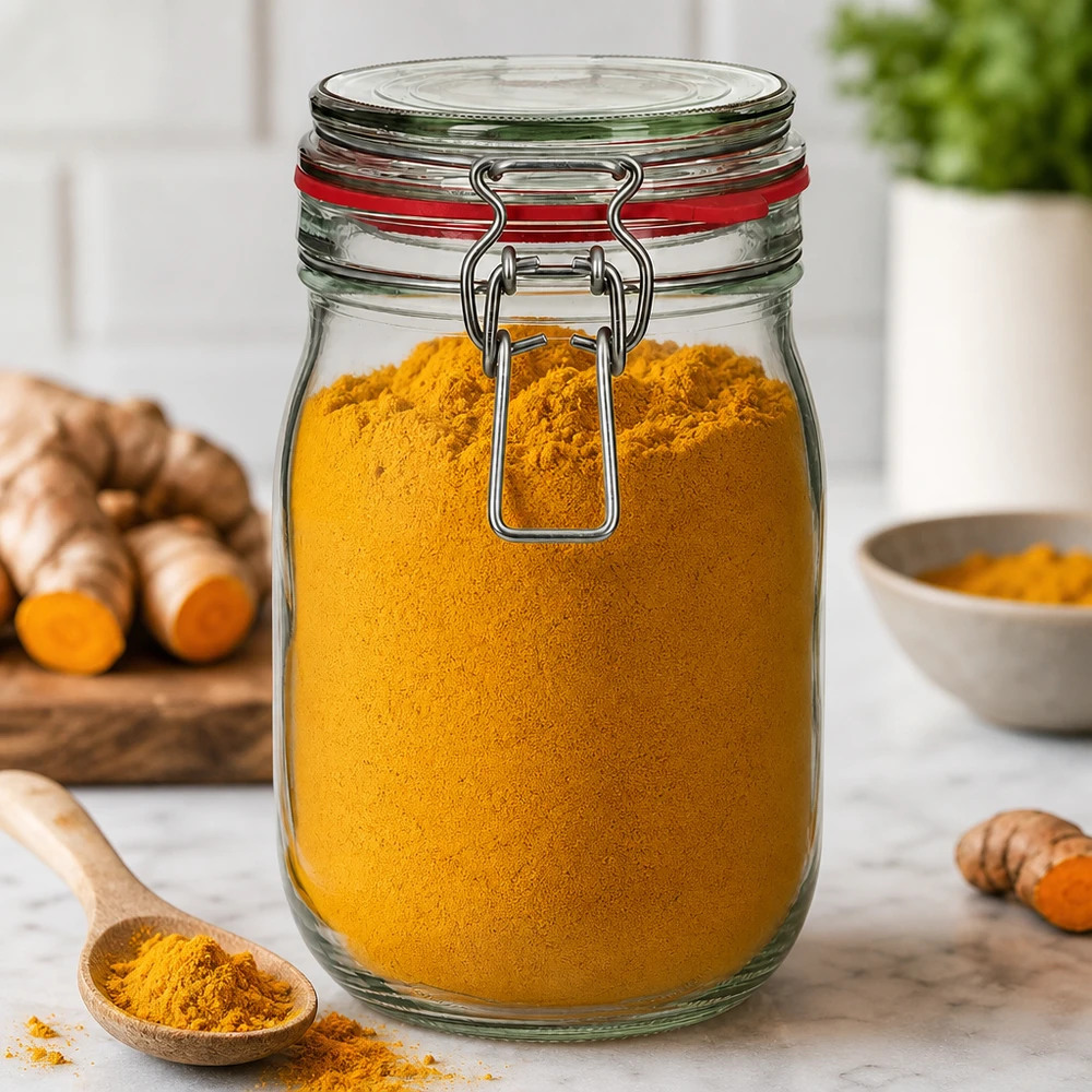 Bocal de 1140 ml rempli de poudre de curcuma montre une conservation idéale des épices