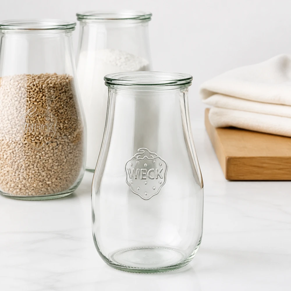 WECK Pot tulipe 2700ml avec couvercle en verre dans une ambiance scandinave à côté de bocaux à provisions avec des céréales et des livres