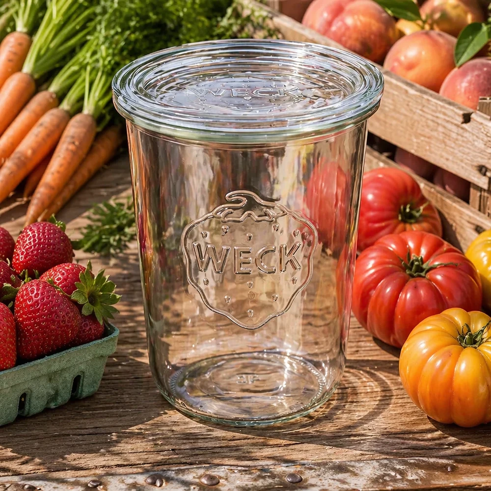 WECK Pot renversé 850ml RR100 entouré de légumes frais et de fruits montre une utilisation polyvalente pour la préparation des repas et la conservation des aliments.